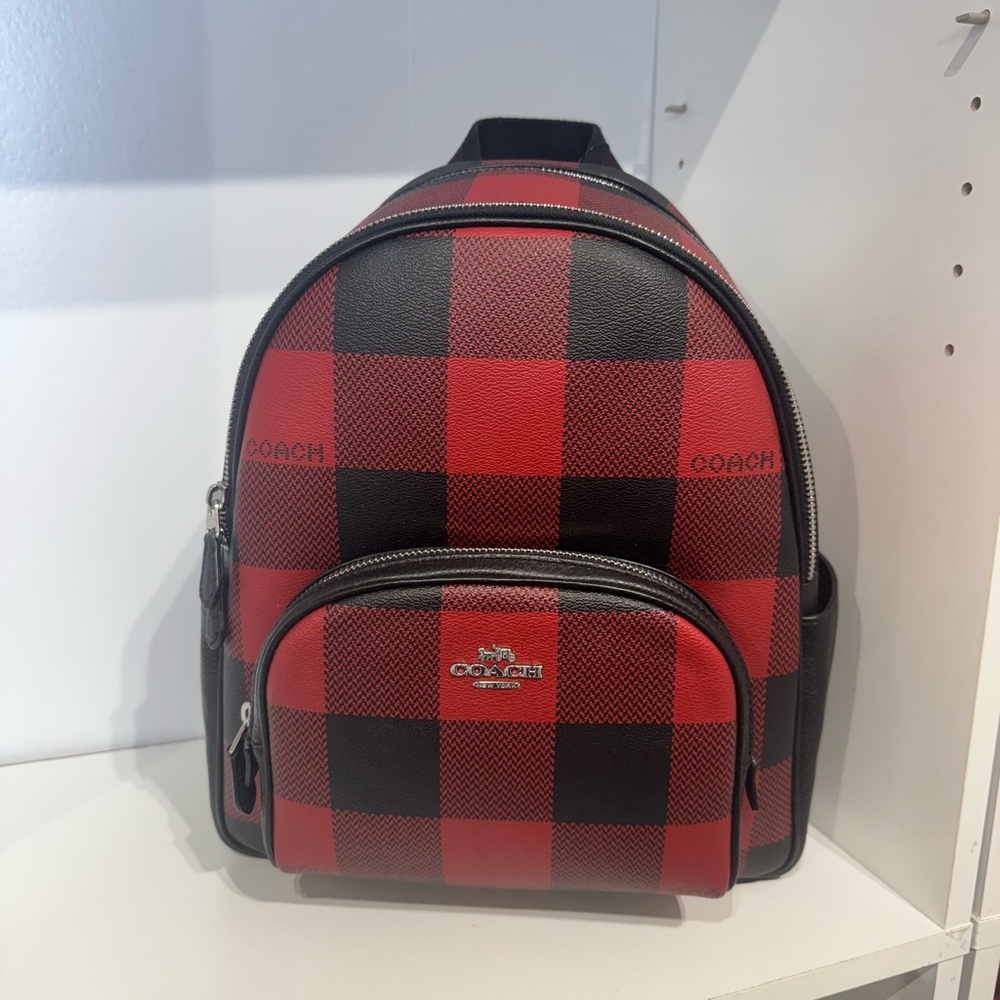 Coach Men's Or Womens Red and Black Plaid Large Backpack - Picture 4 of 7